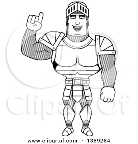Clipart of a Black and White Lineart Buff Male Knight Holding up a Finger - Royalty Free Vector Illustration by Cory Thoman