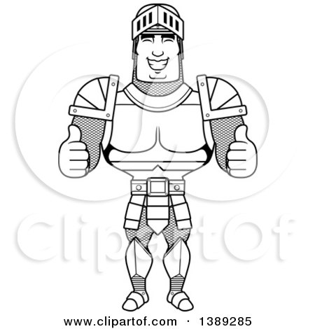 Clipart of a Black and White Lineart Buff Male Knight Giving Two Thumbs up - Royalty Free Vector Illustration by Cory Thoman