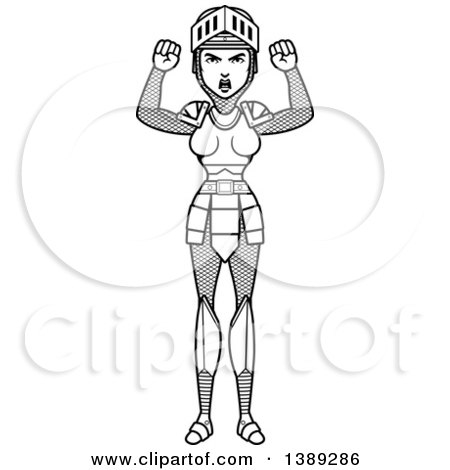 Clipart of a Black and White Lineart Mad Female Knight Waving Her Fists - Royalty Free Vector Illustration by Cory Thoman