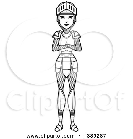 Clipart of a Black and White Lineart Female Knight with Folded Arms - Royalty Free Vector Illustration by Cory Thoman