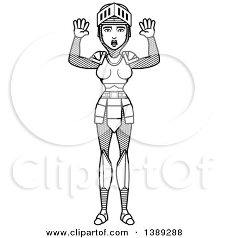 Clipart of a Black and White Lineart Scared Female Knight - Royalty Free Vector Illustration by Cory Thoman