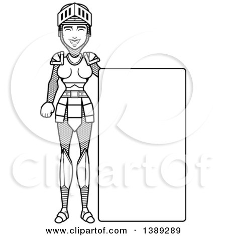 Clipart of a Black and White Lineart Female Knight by a Blank Sign - Royalty Free Vector Illustration by Cory Thoman