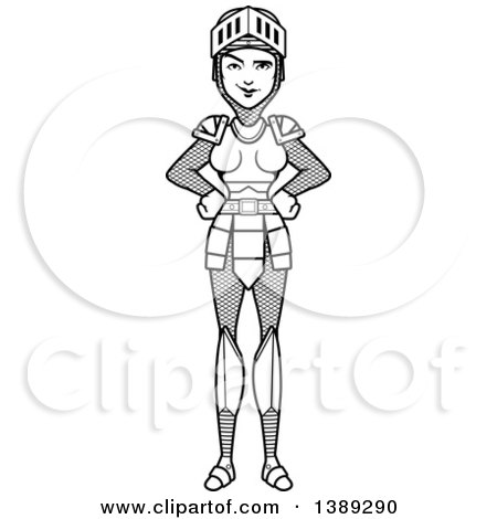 Clipart of a Black and White Lineart Sly Female Knight with Hands on Her Hips - Royalty Free Vector Illustration by Cory Thoman