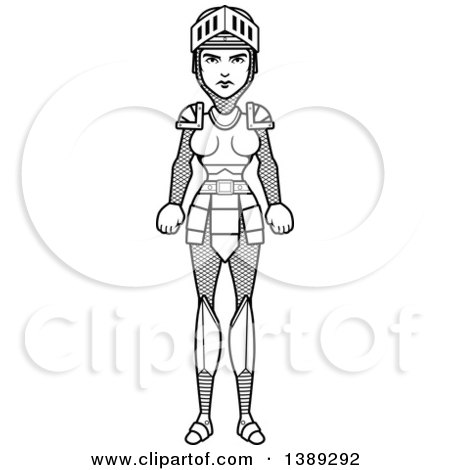 Clipart of a Black and White Lineart Female Knight - Royalty Free Vector Illustration by Cory Thoman