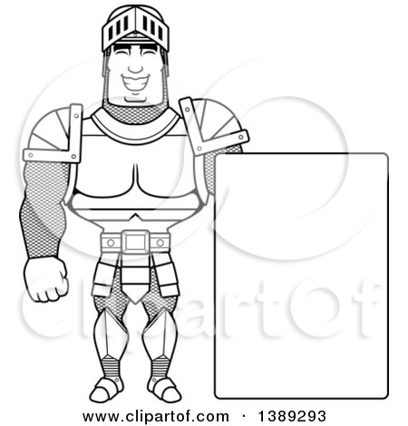 Clipart of a Black and White Lineart Buff Male Knight by a Blank Sign - Royalty Free Vector Illustration by Cory Thoman