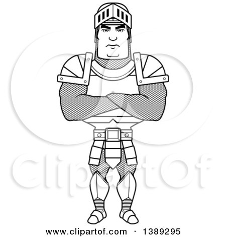 Clipart of a Black and White Lineart Buff Male Knight with Folded Arms - Royalty Free Vector Illustration by Cory Thoman