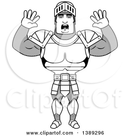Clipart of a Black and White Lineart Scared Buff Male Knight - Royalty Free Vector Illustration by Cory Thoman