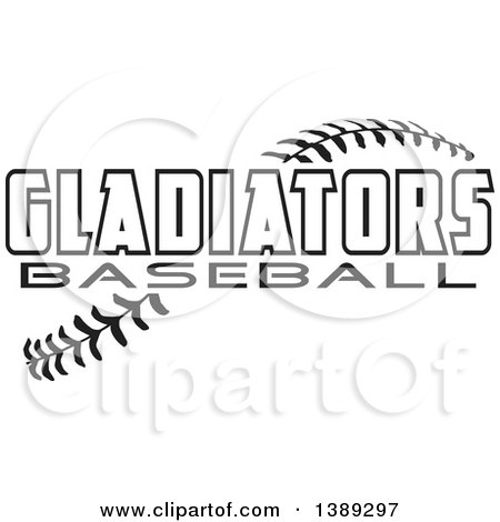 Clipart of Black and White GLADIATORS Baseball Text over Stitches - Royalty Free Vector Illustration by Johnny Sajem