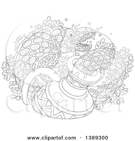 Clipart of a Black and White Lineart Moray Eel Emerging from a Sunken Vase, over Corals - Royalty Free Vector Illustration by Alex Bannykh