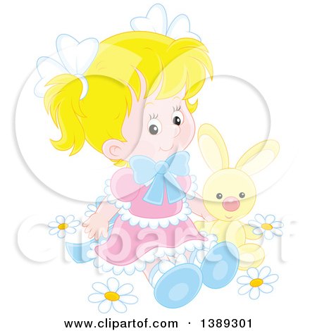 Clipart of a Blond Caucasian Girl Sitting with a Stuffed Bunny Rabbit in Spring Flowers - Royalty Free Vector Illustration by Alex Bannykh