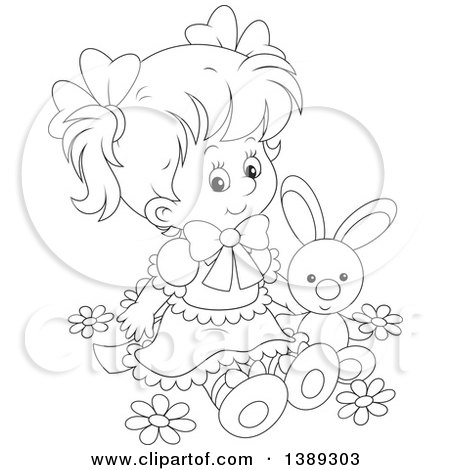 Clipart of a Cartoon Black and White Lineart Girl Sitting with a Stuffed Bunny Rabbit in Spring Flowers - Royalty Free Vector Illustration by Alex Bannykh