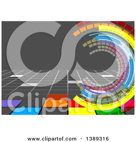 Clipart of a Background of Colorful Tiles and Circles with Text Space on Gray - Royalty Free Vector Illustration by dero