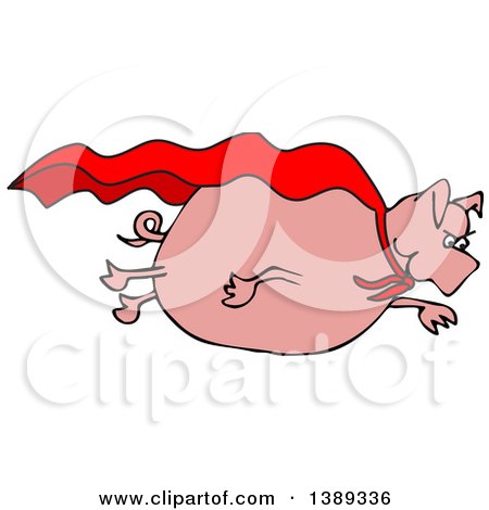 Clipart of a Cartoon Pink Pig Super Hero Flying with a Cape - Royalty Free Vector Illustration by djart