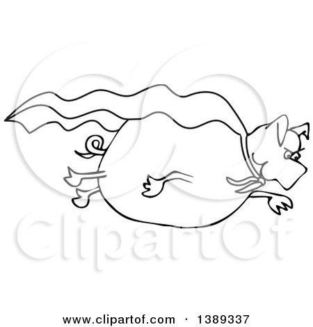 Clipart of a Cartoon Black and White Lineart Pig Super Hero Flying with a Cape - Royalty Free Vector Illustration by djart