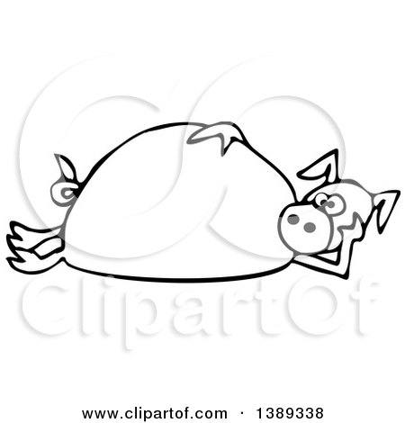 Clipart of a Cartoon Black and White Lineart Pig Laying on His Side - Royalty Free Vector Illustration by djart