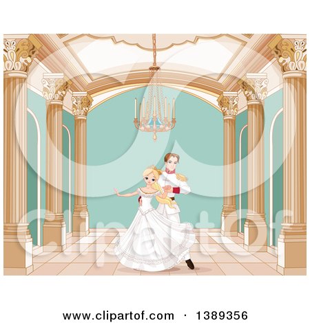 Clipart of a Beautiful Fairy Tale Princess Dancing with a Prince in a Ball Room - Royalty Free Vector Illustration by Pushkin