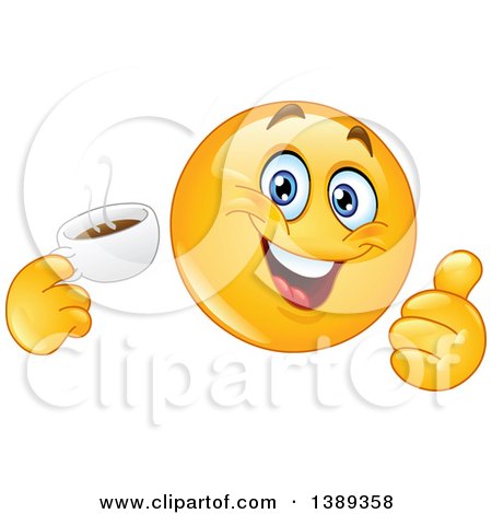 Clipart of a Cartoon Yellow Smiley Face Emoji Emoticon Holding a Cup of Coffee and Giving a Thumb up - Royalty Free Vector Illustration by yayayoyo