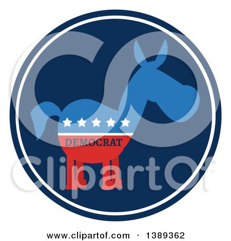 Clipart of a Round Blue Label of a Political Democratic Donkey in Red White and Blue with Text and Stars - Royalty Free Vector Illustration by Hit Toon