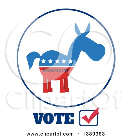 Clipart of a Label of a Political Democratic Donkey in Red White and Blue with Text and Stars over Vote Text - Royalty Free Vector Illustration by Hit Toon