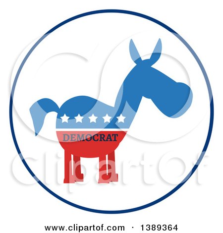 Clipart of a Label of a Political Democratic Donkey in Red White and Blue with Text and Stars - Royalty Free Vector Illustration by Hit Toon