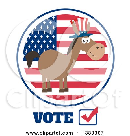 Clipart of a Flat Design Political Democratic Donkey Wearing a Patriotic Top Hat over an American Flag Label and Vote Text - Royalty Free Vector Illustration by Hit Toon