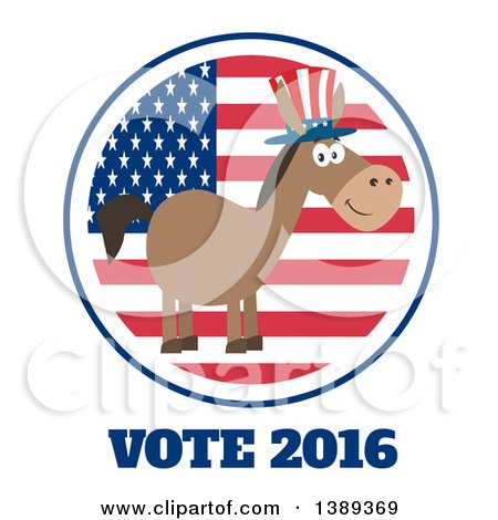 Clipart of a Flat Design Political Democratic Donkey Wearing a Patriotic Top Hat over an American Flag Label and Vote 2016 Text - Royalty Free Vector Illustration by Hit Toon
