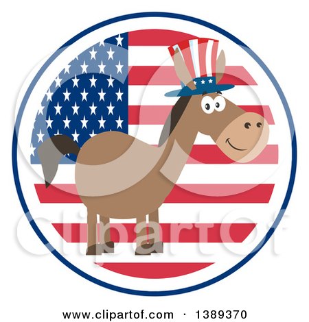 Clipart of a Flat Design Political Democratic Donkey Wearing a Patriotic Top Hat over an American Flag Label - Royalty Free Vector Illustration by Hit Toon