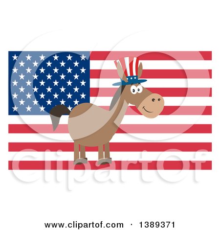 Clipart of a Flat Design Political Democratic Donkey Wearing a Patriotic Top Hat over an American Flag - Royalty Free Vector Illustration by Hit Toon