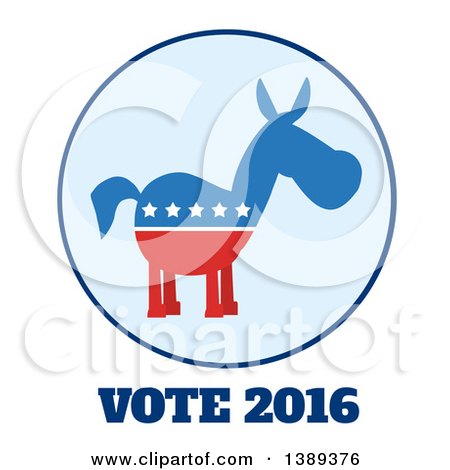 Clipart of a Round Blue Label of a Political Democratic Donkey in Red White and Blue with Vote 2016 Text and Stars - Royalty Free Vector Illustration by Hit Toon