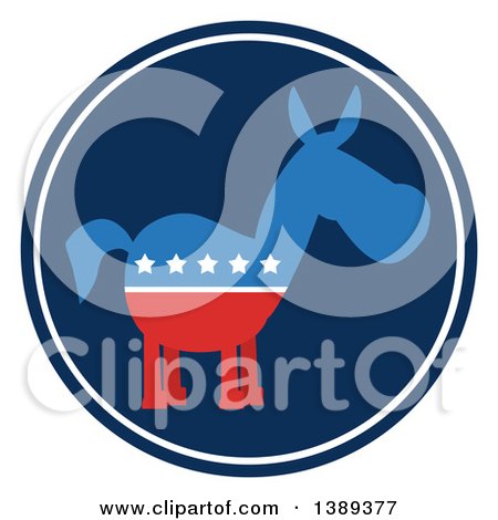 Clipart of a Round Label of a Political Democratic Donkey in Red White and Blue with Stars - Royalty Free Vector Illustration by Hit Toon