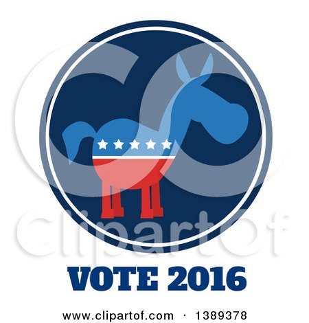 Clipart of a Round Dark Blue Label of a Political Democratic Donkey in Red White and Blue with Vote 2016 Text and Stars - Royalty Free Vector Illustration by Hit Toon