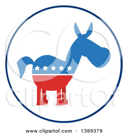 Clipart of a Round White Label of a Political Democratic Donkey in Red White and Blue with Stars - Royalty Free Vector Illustration by Hit Toon