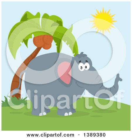 Clipart of a Flat Design Happy Elephant and Palm Tree on a Sunny Day - Royalty Free Vector Illustration by Hit Toon