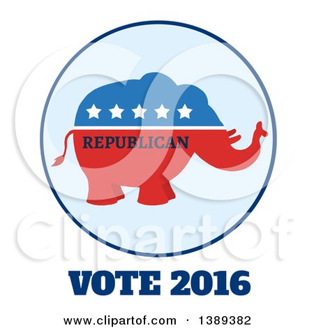 Clipart of a Red White and Blue Political Republican Elephant Label with Stars and Text over Vote 2016 - Royalty Free Vector Illustration by Hit Toon