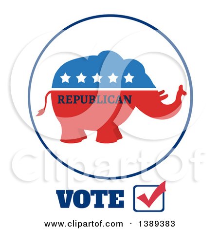 Clipart of a Red White and Blue Political Republican Elephant Label with Stars and Text over Vote - Royalty Free Vector Illustration by Hit Toon