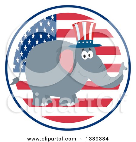 Clipart of a Flat Design Political Republican Elephant Wearing an American Top Hat over a Usa Flag Label Circle - Royalty Free Vector Illustration by Hit Toon