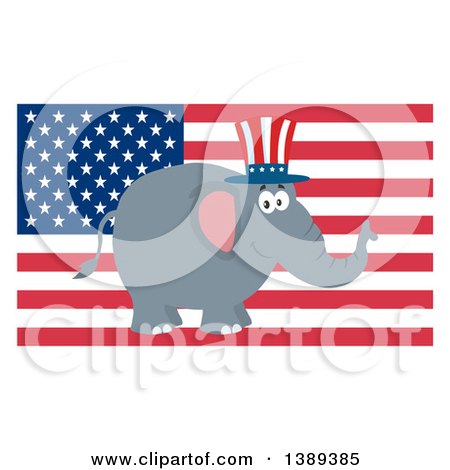 Clipart of a Flat Design Political Republican Elephant Wearing a Top Hat over an American Flag - Royalty Free Vector Illustration by Hit Toon