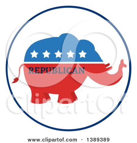 Clipart of a Red White and Blue Political Republican Elephant Label with Stars and Text - Royalty Free Vector Illustration by Hit Toon