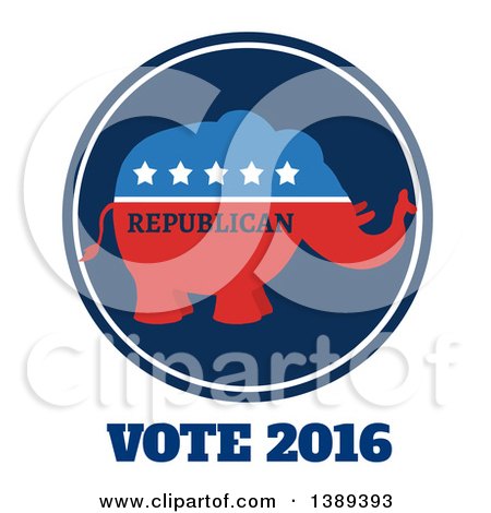 Clipart of a Red White and Blue Political Republican Elephant Label with Stars and Text over Vote 2016 - Royalty Free Vector Illustration by Hit Toon