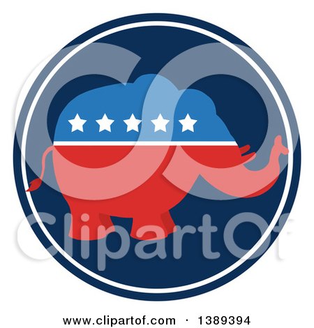 Clipart of a Red White and Blue Political Republican Elephant with Stars in a Blue Round Label - Royalty Free Vector Illustration by Hit Toon