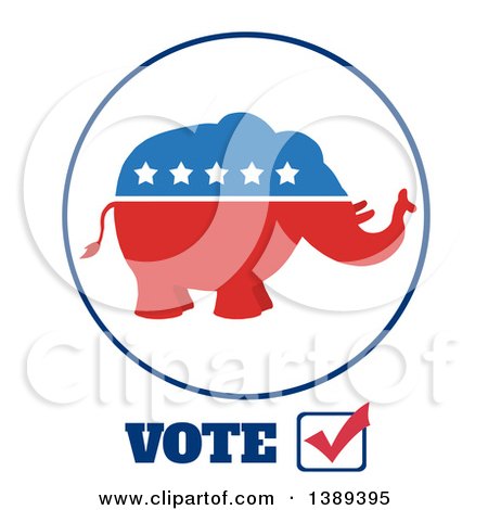 Clipart of a Red White and Blue Political Republican Elephant with Stars and Vote - Royalty Free Vector Illustration by Hit Toon