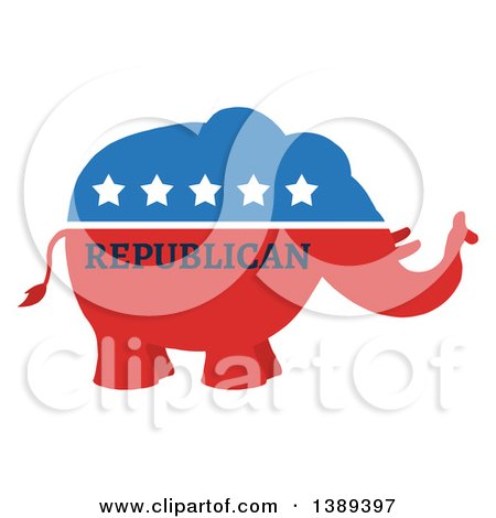 Clipart of a Red White and Blue Political Republican Elephant with Stars and Text - Royalty Free Vector Illustration by Hit Toon