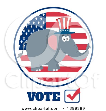 Clipart of a Flat Design Political Republican Elephant Wearing an American Top Hat over a Usa Flag Label Circle and Vote Text - Royalty Free Vector Illustration by Hit Toon