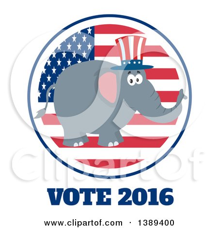 Clipart of a Flat Design Political Republican Elephant Wearing an American Top Hat over a Usa Flag Label Circle and Vote 2016 - Royalty Free Vector Illustration by Hit Toon