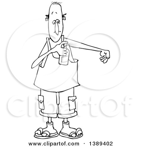 Clipart of a Cartoon Black and White Lineart Man Putting on Bug Spray - Royalty Free Vector Illustration by djart