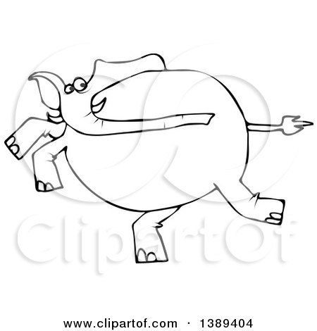 Clipart of a Cartoon Black and White Lineart Elephant Running - Royalty Free Vector Illustration by djart