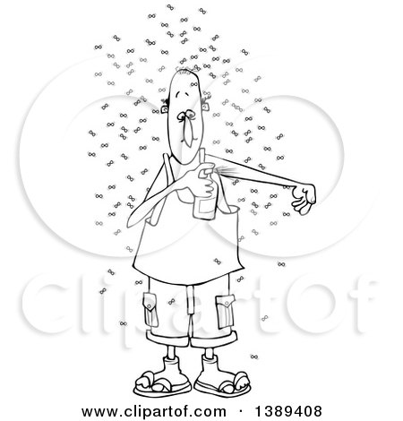 Clipart of a Cartoon Black and White Lineart Man Putting on Bug Repellant Spray - Royalty Free Vector Illustration by djart