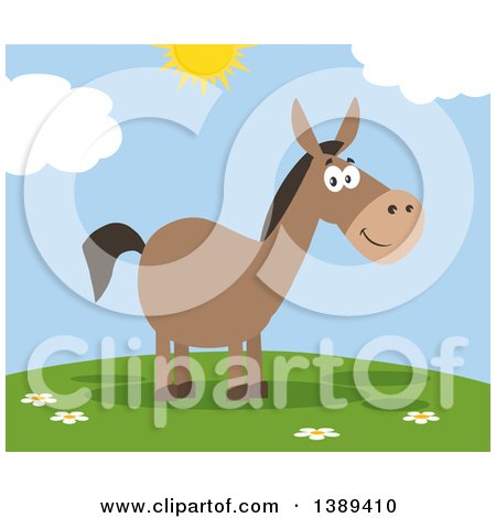 Clipart of a Flat Design Happy Donkey on a Sunny Day - Royalty Free Vector Illustration by Hit Toon