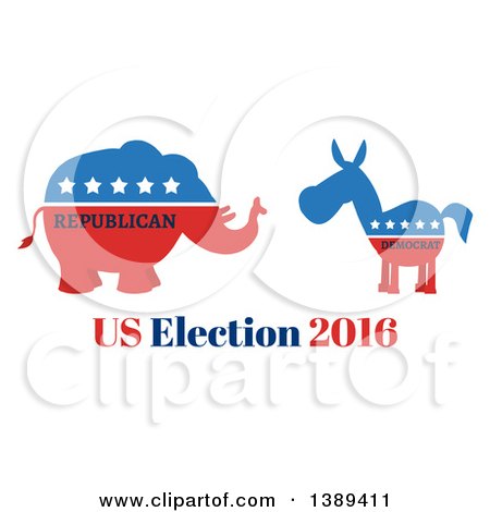 Clipart of a Red White and Blue Democratic Donkey Facing a Republican Elephant over Us Election 2016 Text - Royalty Free Vector Illustration by Hit Toon