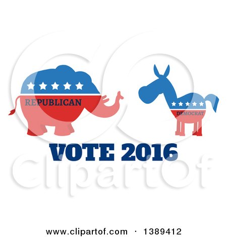 Clipart of a Red White and Blue Democratic Donkey Facing a Republican Elephant over Vote 2016 Text - Royalty Free Vector Illustration by Hit Toon